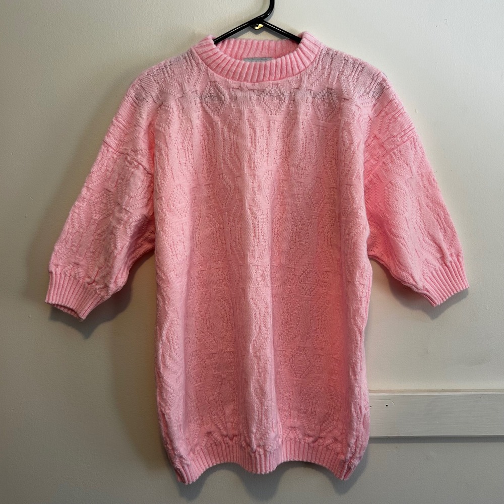 Vintage Stagelight Pink Geometric Textured Knit Elbow Sleeve Sweater Top USA - Picture 2 of 8